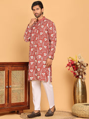 Floral Embroidered Straight Kurta Pyjama Set For Men ( JOKP P 5193 Rust ) [FF] [I-1-4]