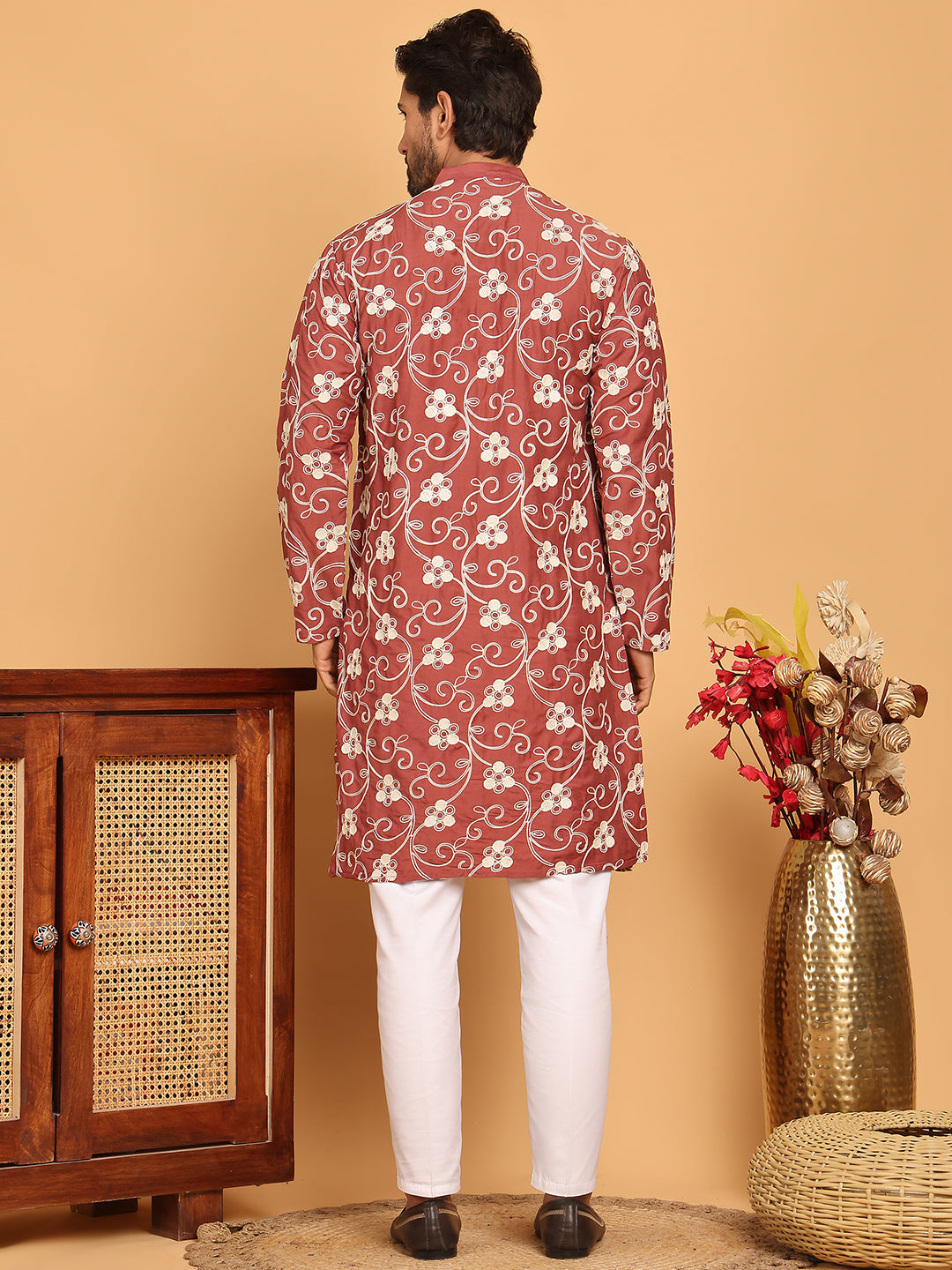DesiQlo Men Embroidered Kurta Pyjama Set - Red - JOKP_P_5193Rust_S