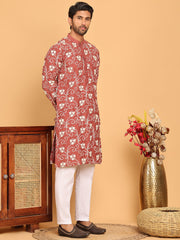 Floral Embroidered Straight Kurta Pyjama Set For Men ( JOKP P 5193 Rust ) [FF] [I-1-4]
