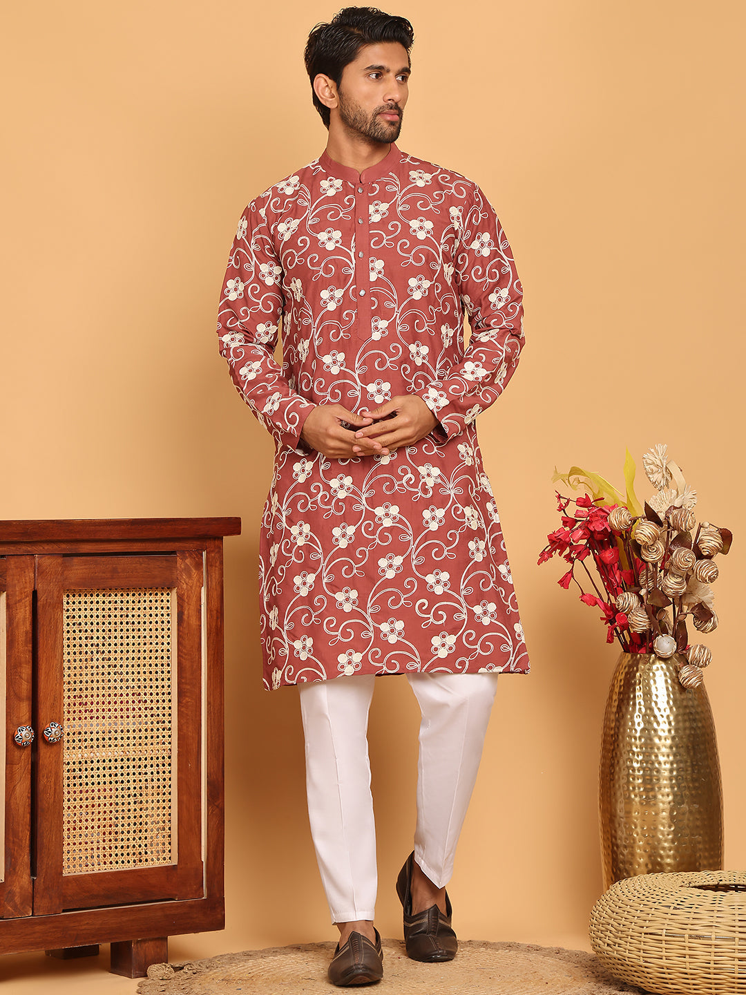 DesiQlo Men Embroidered Kurta Pyjama Set - Red - JOKP_P_5193Rust_S