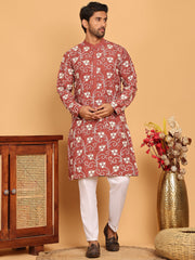 Floral Embroidered Straight Kurta Pyjama Set For Men ( JOKP P 5193 Rust ) [FF] [I-1-4]
