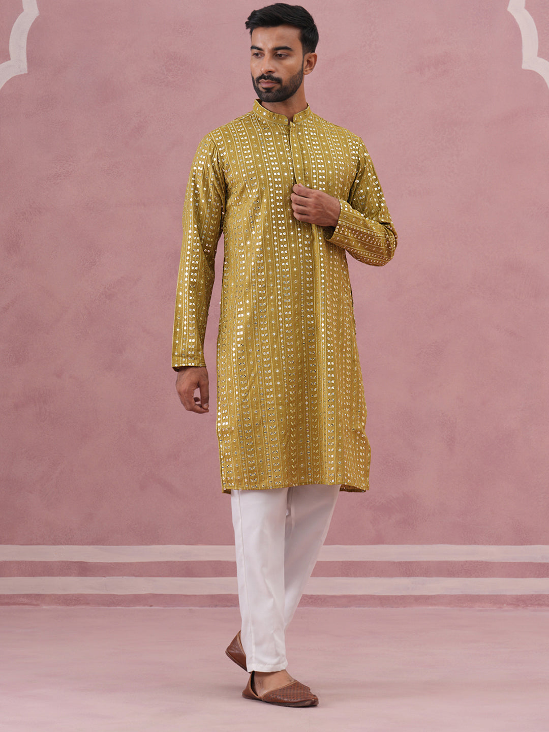 DesiQlo Men Embroidered Kurta Pyjama Set - Green - JOKP_P_5194Mehndi_S