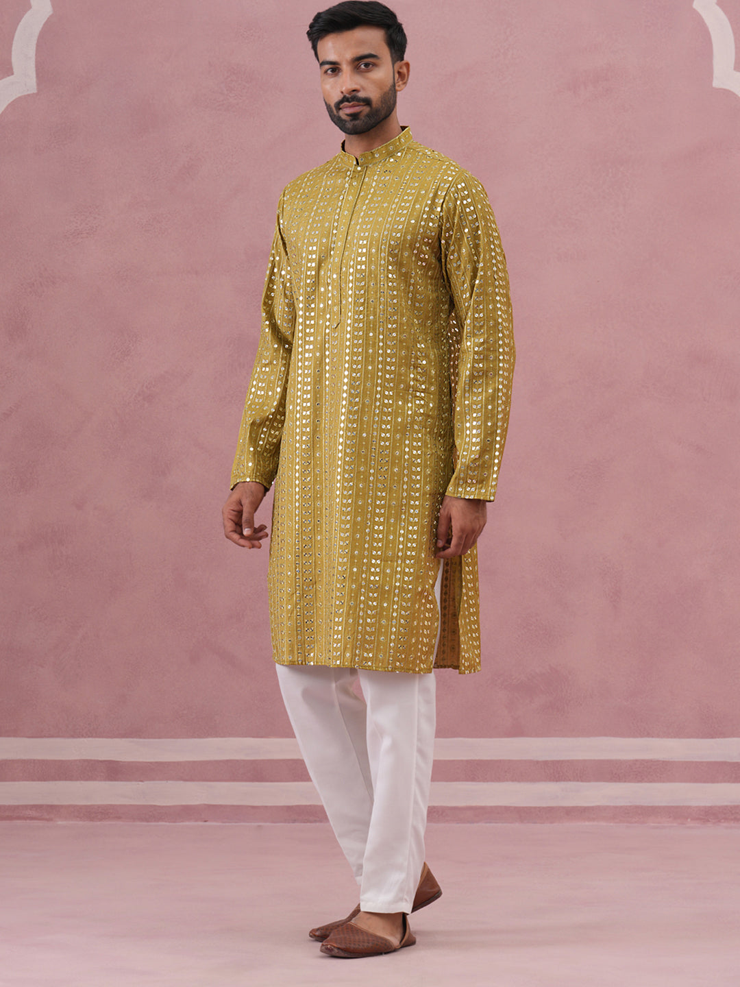 DesiQlo Men Embroidered Kurta Pyjama Set - Green - JOKP_P_5194Mehndi_S