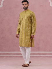 Embroidered and mirror work straight Kurta Set For Men ( JOKP P 5194 P 5194Mehndi ) [FF] [N-9]