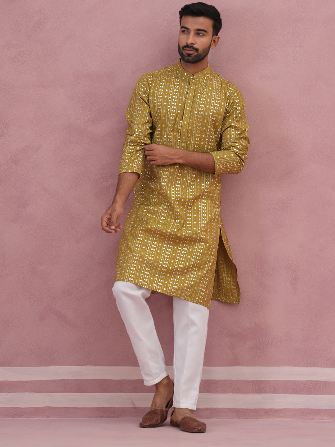 DesiQlo Men Embroidered Kurta Pyjama Set - Green - JOKP_P_5194Mehndi_S