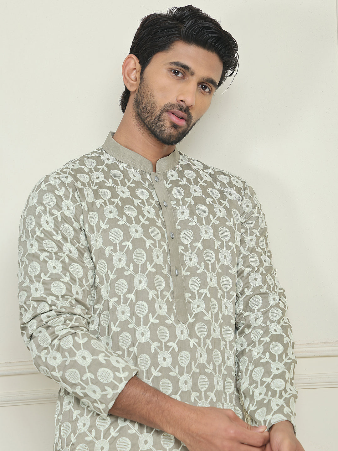 Embroidered Straight Kurta Pyjama Set For Men ( JOKP P 5195 Grey ) [FF] [J-4-3]