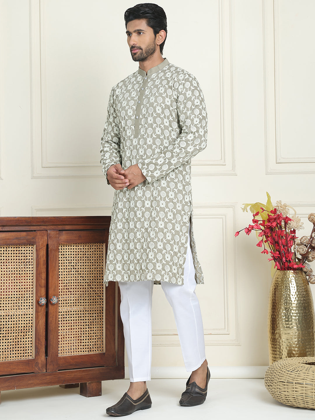 DesiQlo Men Embroidered Kurta Pyjama Set - Grey - JOKP_P_5195Grey_S