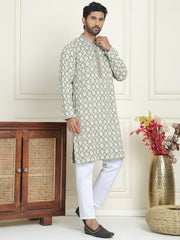 Embroidered Straight Kurta Pyjama Set For Men ( JOKP P 5195 Grey ) [FF] [J-4-3]