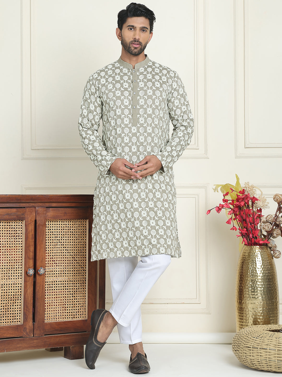 DesiQlo Men Embroidered Kurta Pyjama Set - Grey - JOKP_P_5195Grey_S