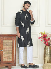 Animal Embroidered Kurta Pyjama Set ( JOKP P 5196 White ) [FF] [H-7]