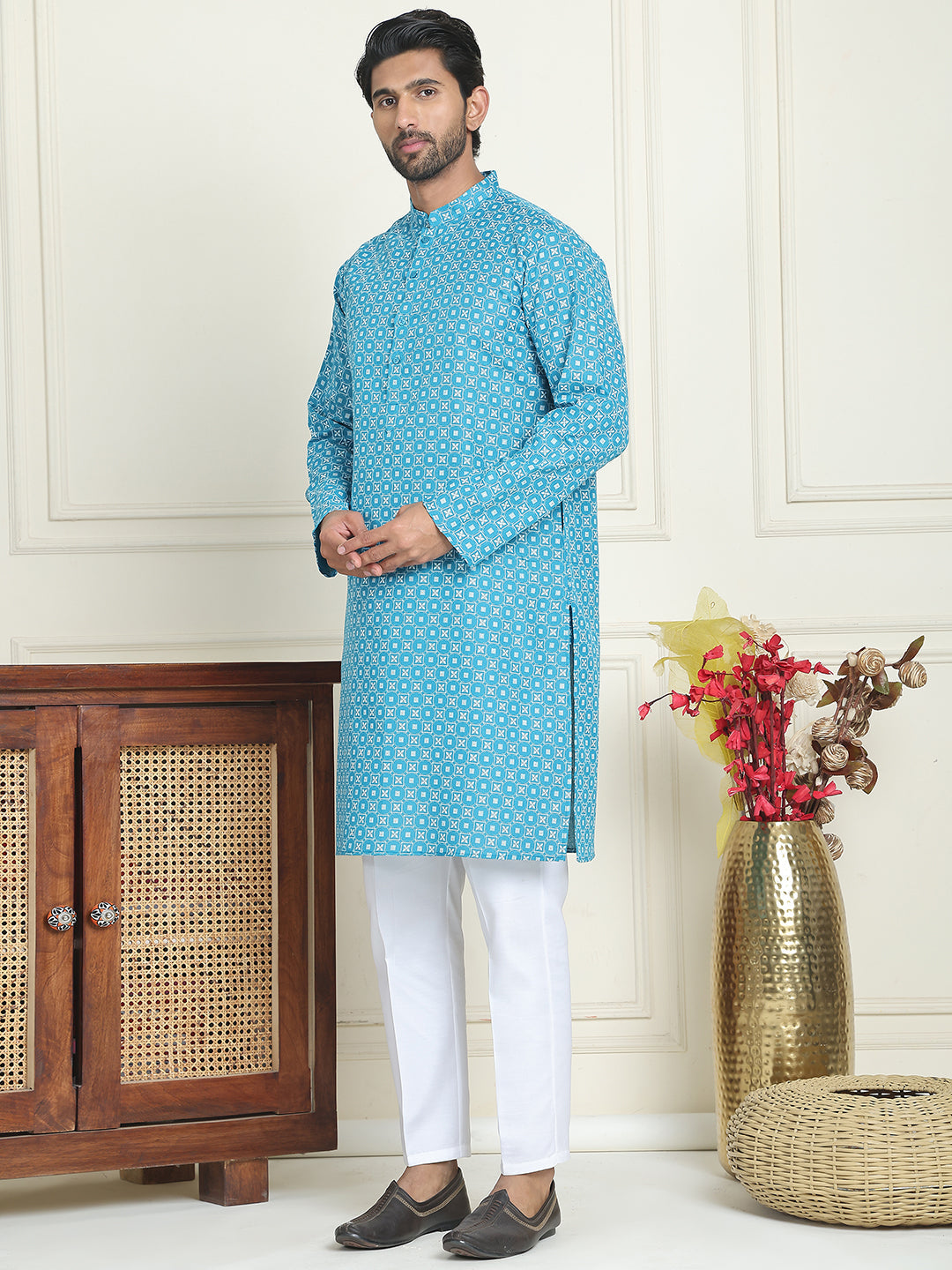 DesiQlo Men Printed Kurta Pyjama Set - Blue - JOKP_P_5198Blue_S