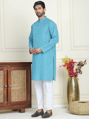 Men's Geometric Printed Kurta Set ( JOKP P 5198 Blue ) [FF] [L-19-18]