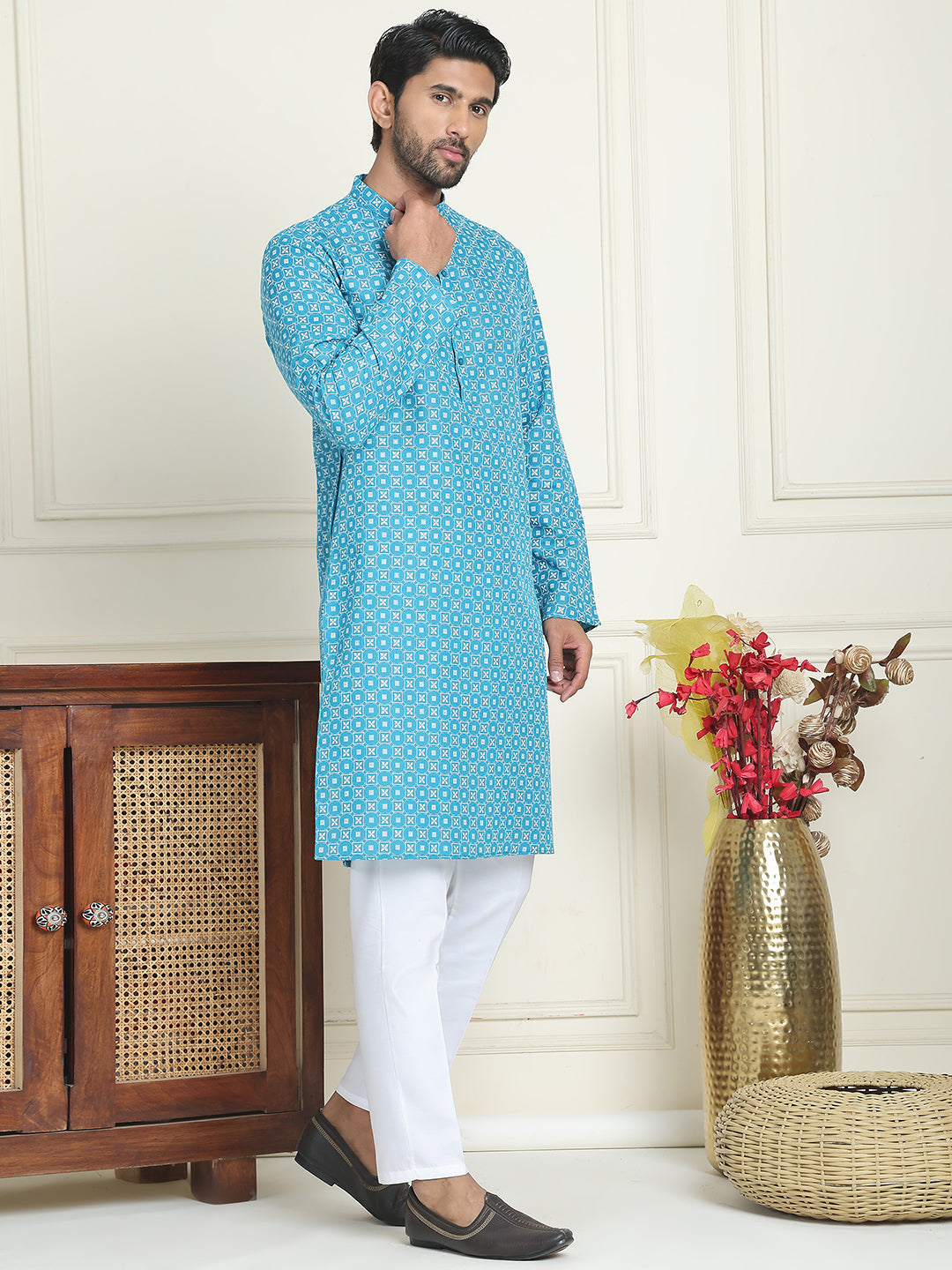 DesiQlo Men Printed Kurta Pyjama Set - Blue - JOKP_P_5198Blue_S