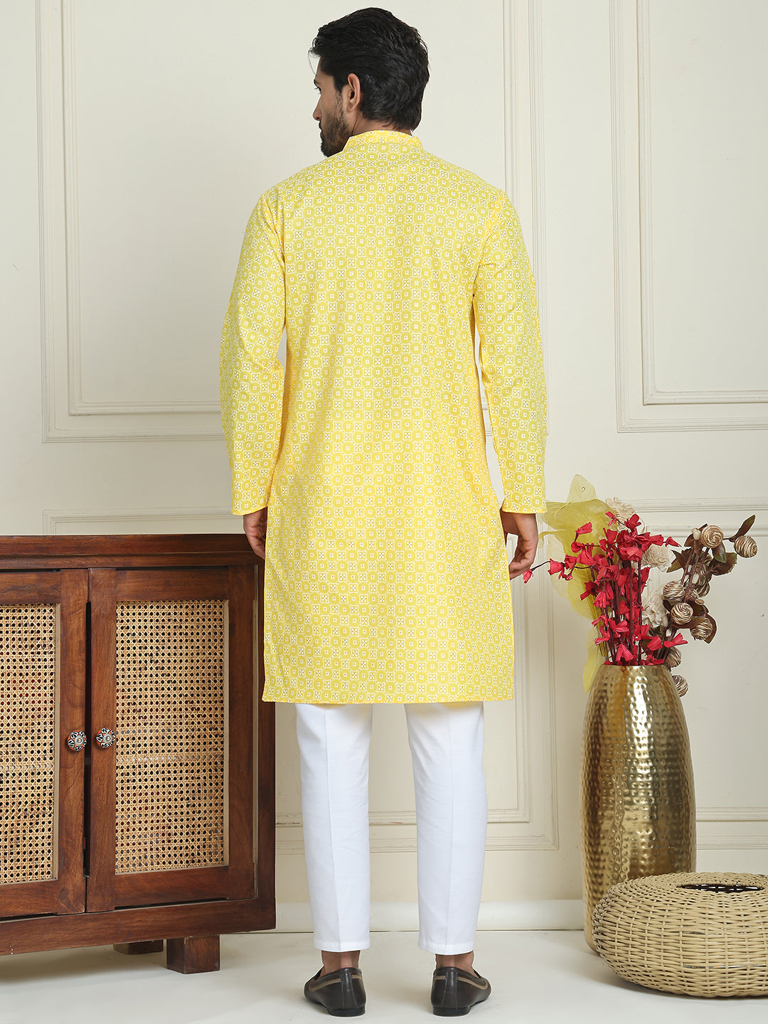 DesiQlo Men Printed Kurta Pyjama Set - Yellow - JOKP_P_5198Lemon_S