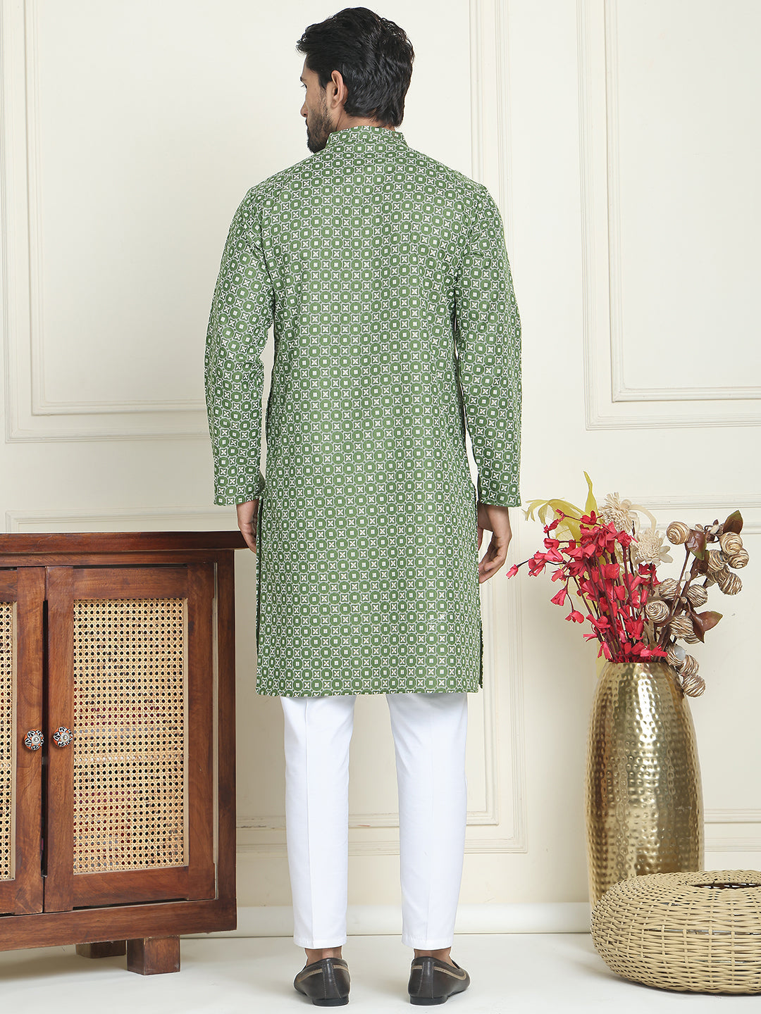 DesiQlo Men Printed Kurta Pyjama Set - Green - JOKP_P_5198Olive_S