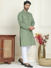 Men's Geometric Printed Kurta Set ( JOKP P 5198 Olive ) [FF] [L-19-18]