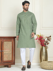 Men's Geometric Printed Kurta Set ( JOKP P 5198 Olive ) [FF] [L-19-18]