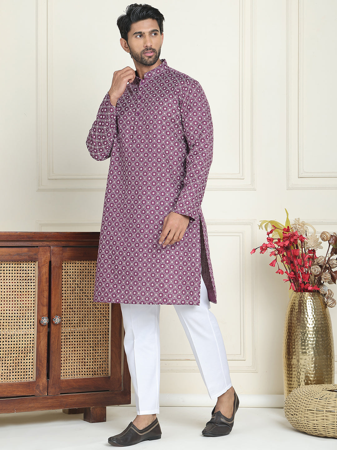 DesiQlo Men Printed Kurta Pyjama Set - Purple - JOKP_P_5198Purple_S