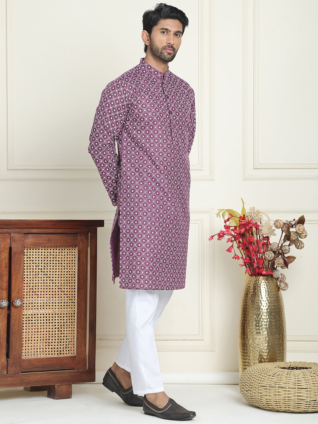 DesiQlo Men Printed Kurta Pyjama Set - Purple - JOKP_P_5198Purple_S