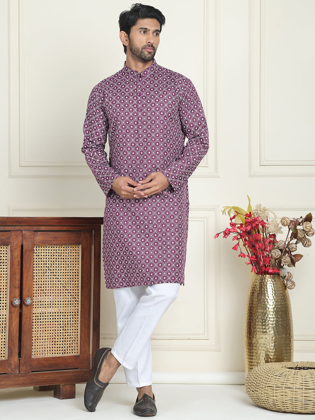 DesiQlo Men Printed Kurta Pyjama Set - Purple - JOKP_P_5198Purple_S