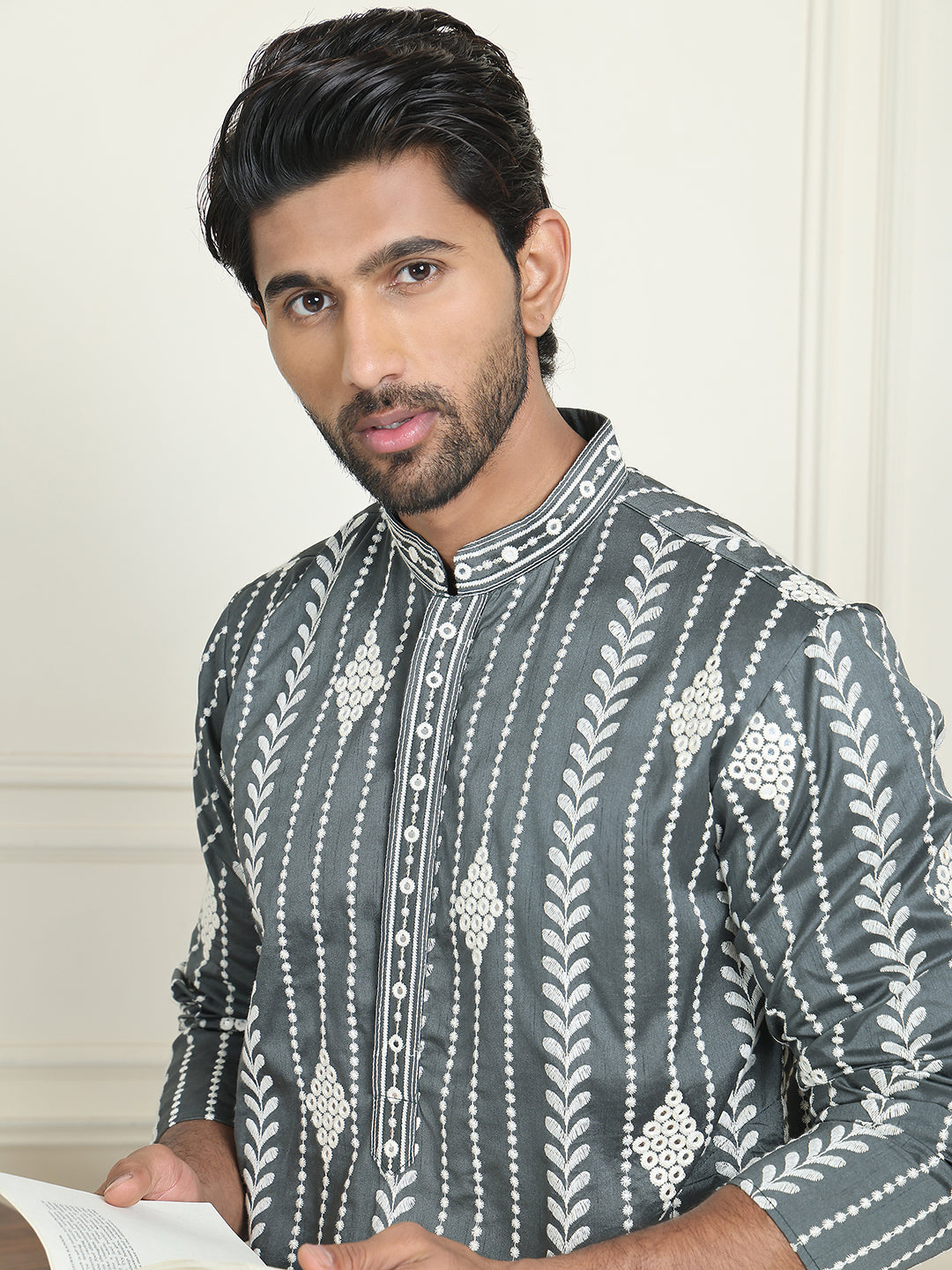 DesiQlo Men Embroidered Kurta Pyjama Set - Grey - JOKP_P_5199Grey_S