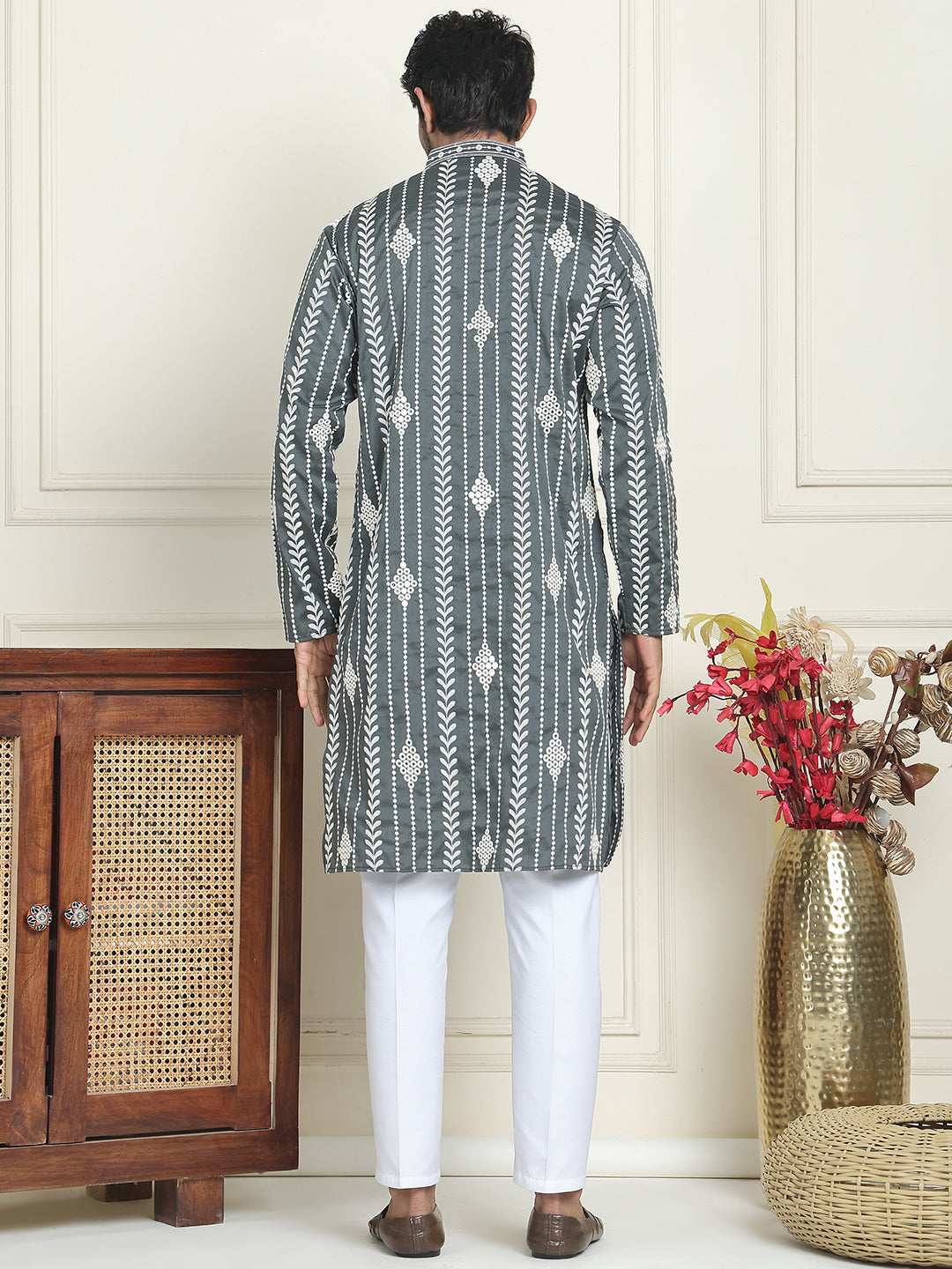 DesiQlo Men Embroidered Kurta Pyjama Set - Grey - JOKP_P_5199Grey_S