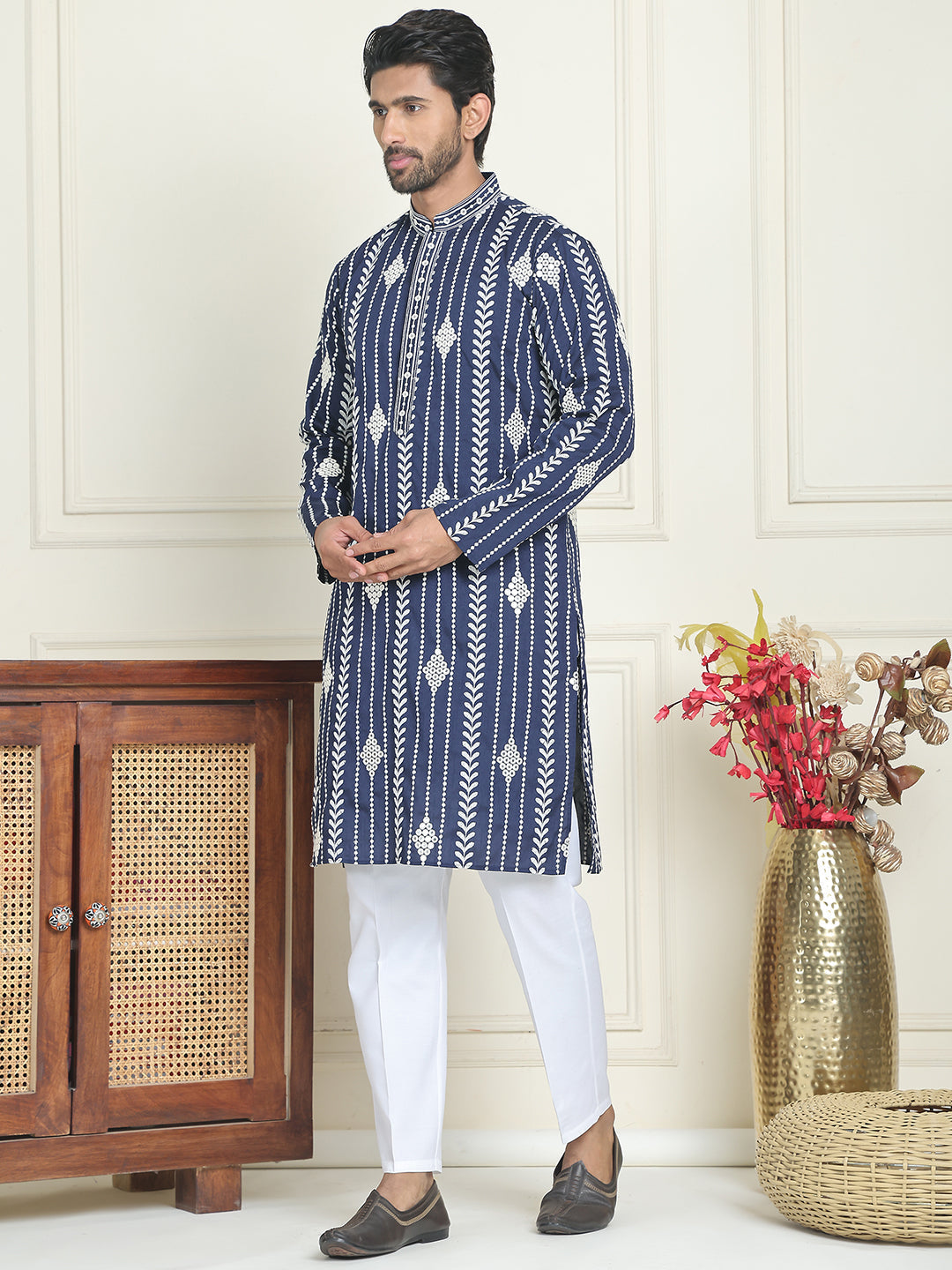 DesiQlo Men Embroidered Kurta Pyjama Set - Blue - JOKP_P_5199Navy_S