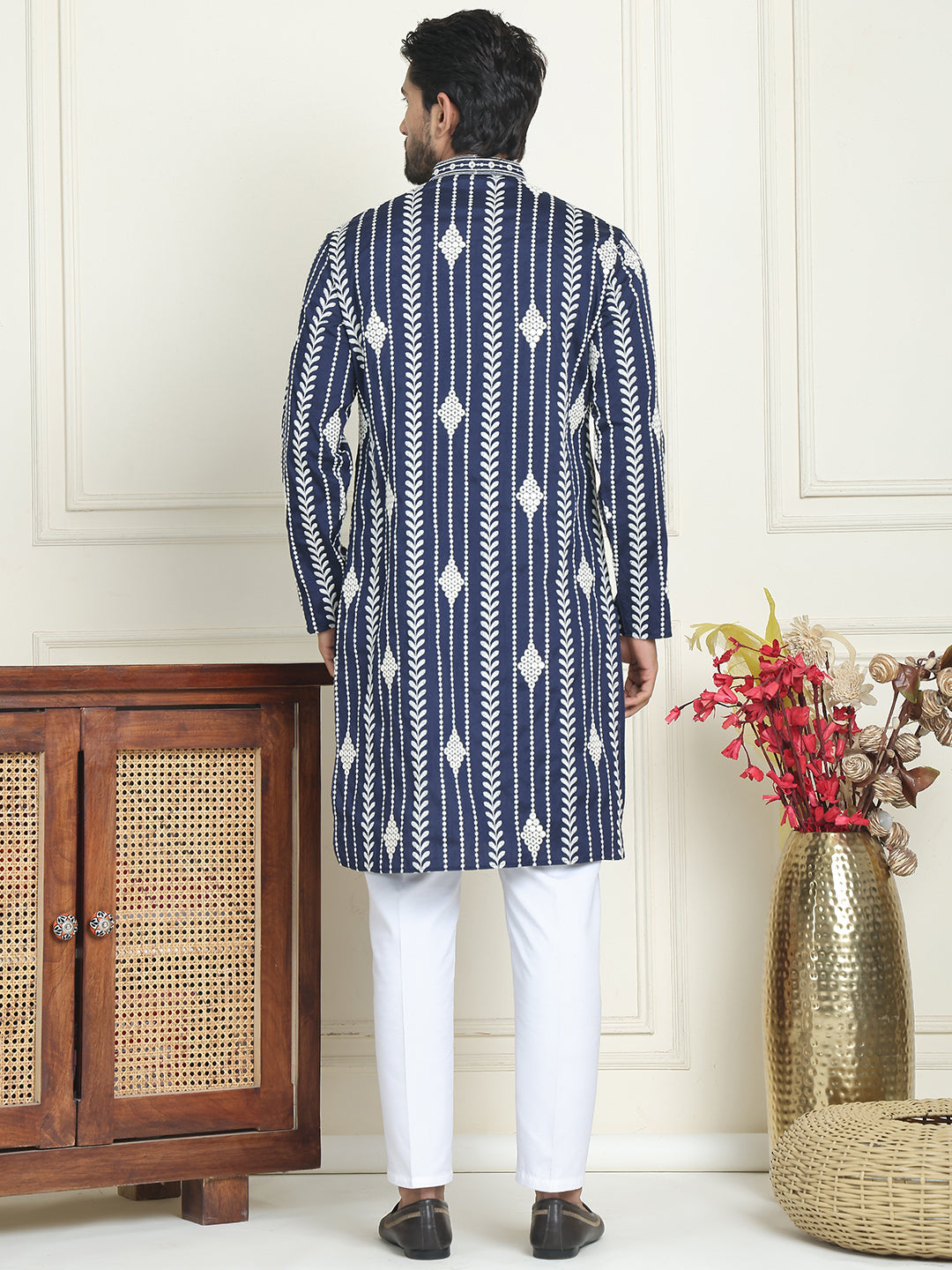 DesiQlo Men Embroidered Kurta Pyjama Set - Blue - JOKP_P_5199Navy_S