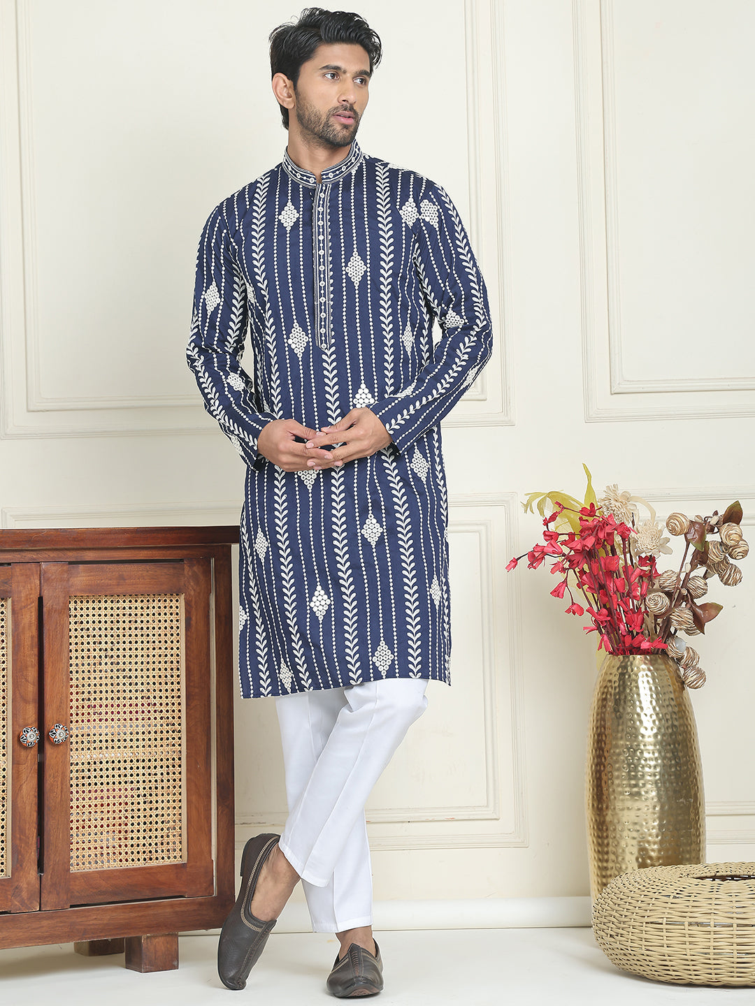 DesiQlo Men Embroidered Kurta Pyjama Set - Blue - JOKP_P_5199Navy_S