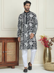 Embroidered Silk Blend Kurta Pyjama Set ( JOKP P 5201 Black ) [FF] [P-1-4]