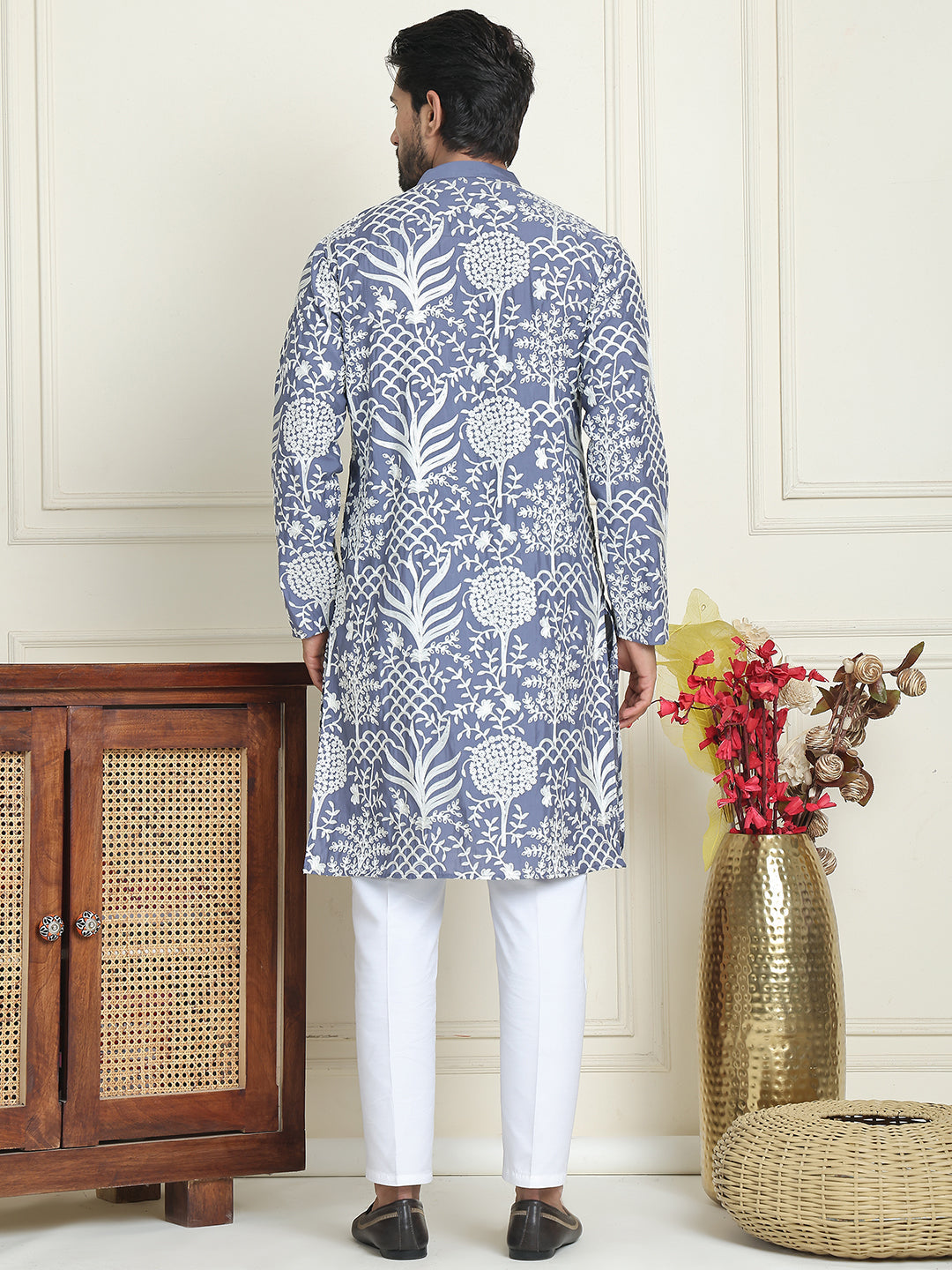 DesiQlo Men Embroidered Kurta Pyjama Set - Blue - JOKP_P_5201Blue_S