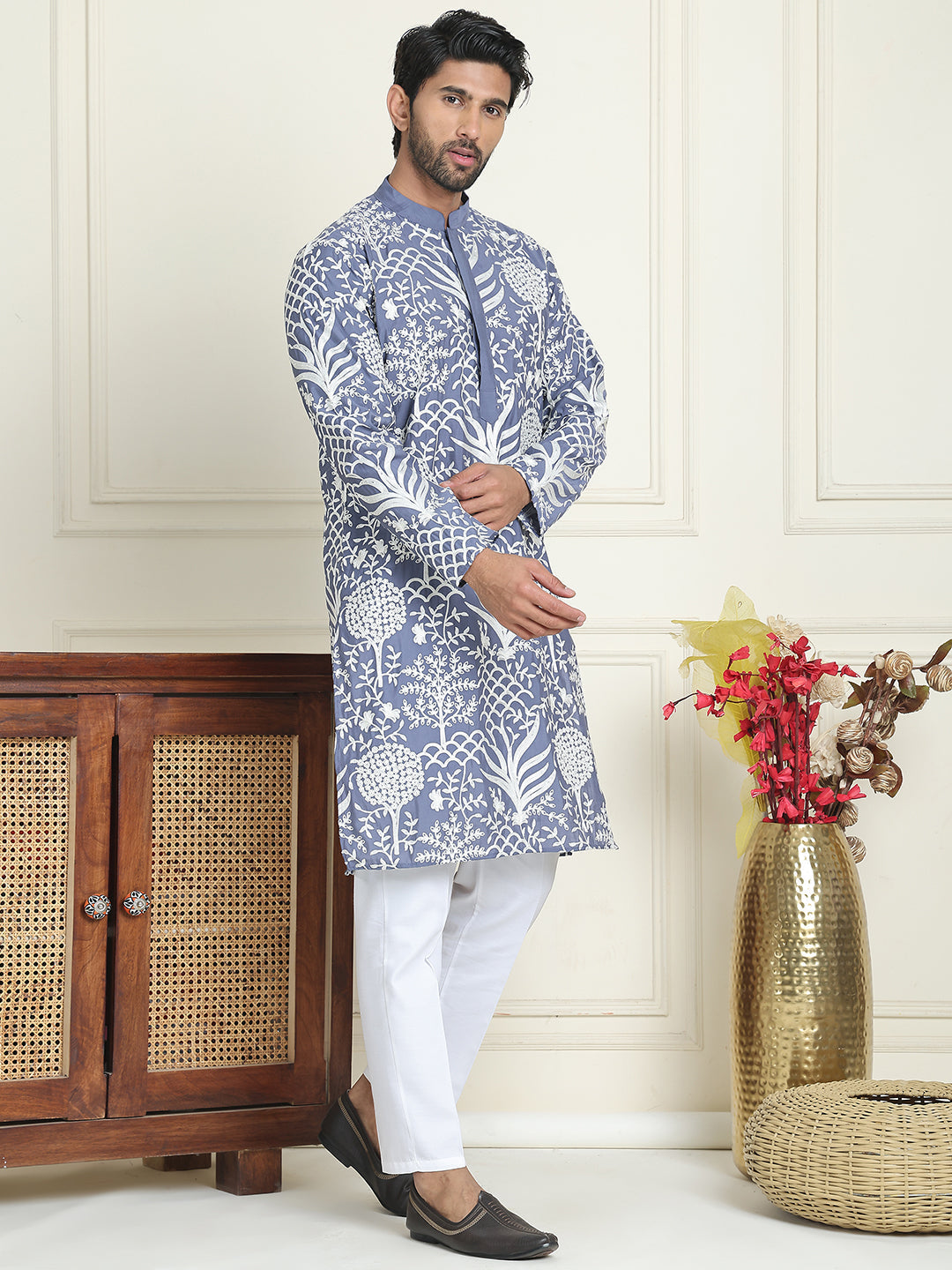 DesiQlo Men Embroidered Kurta Pyjama Set - Blue - JOKP_P_5201Blue_S
