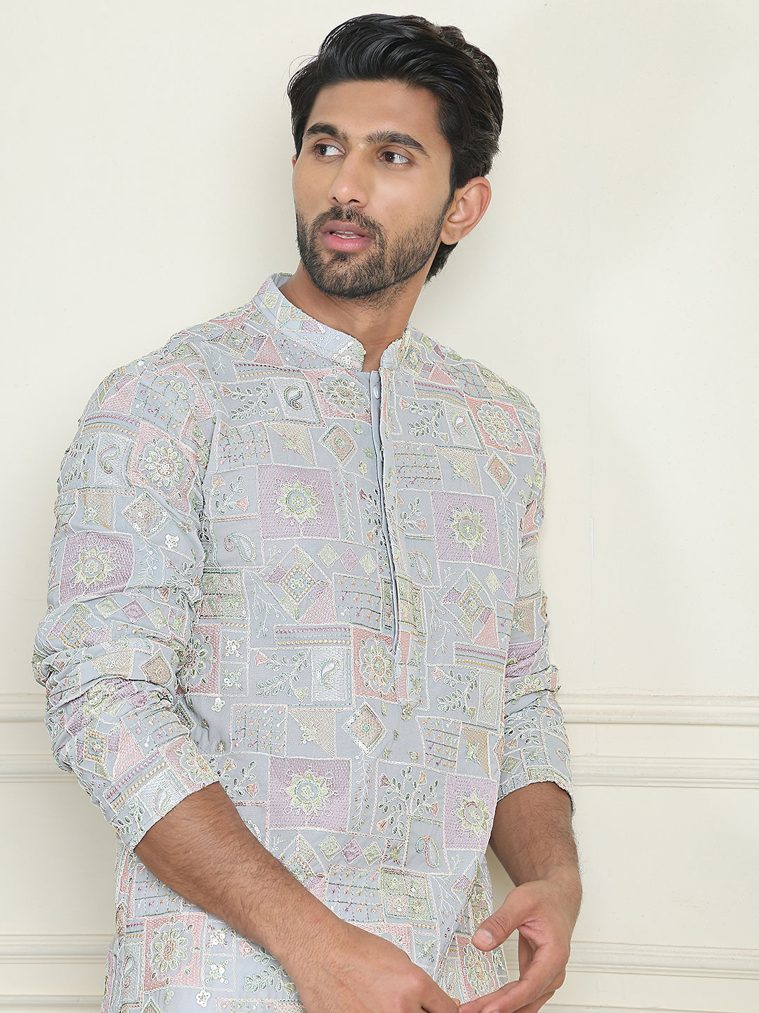 DesiQlo Men Embroidered Kurta Pyjama Set - Blue - JOKP_P_5202Blue_S