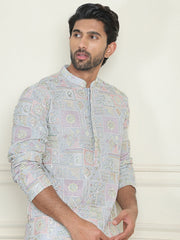 Embroidered Straight Kurta Pyjama For Men ( JOKP P 5202 Blue ) [FF] [J-4]
