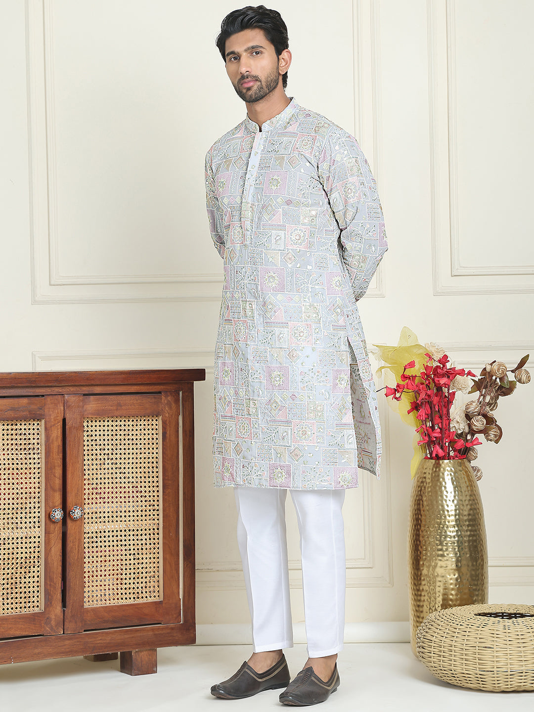 DesiQlo Men Embroidered Kurta Pyjama Set - Blue - JOKP_P_5202Blue_S
