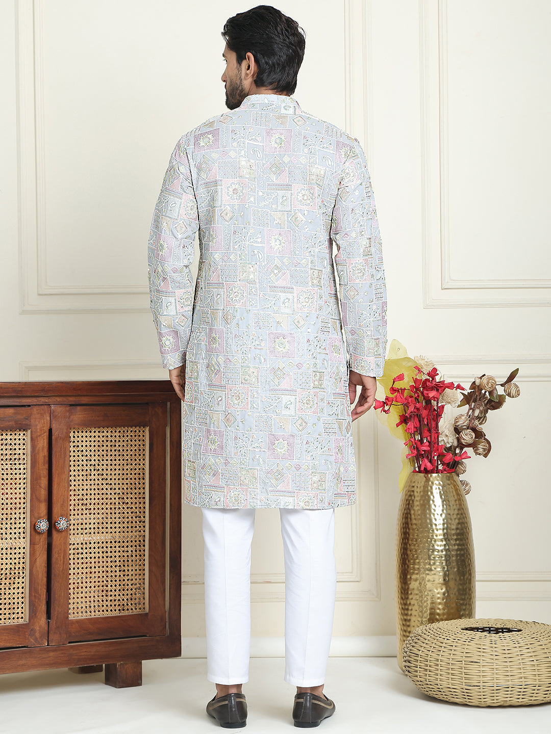 DesiQlo Men Embroidered Kurta Pyjama Set - Blue - JOKP_P_5202Blue_S
