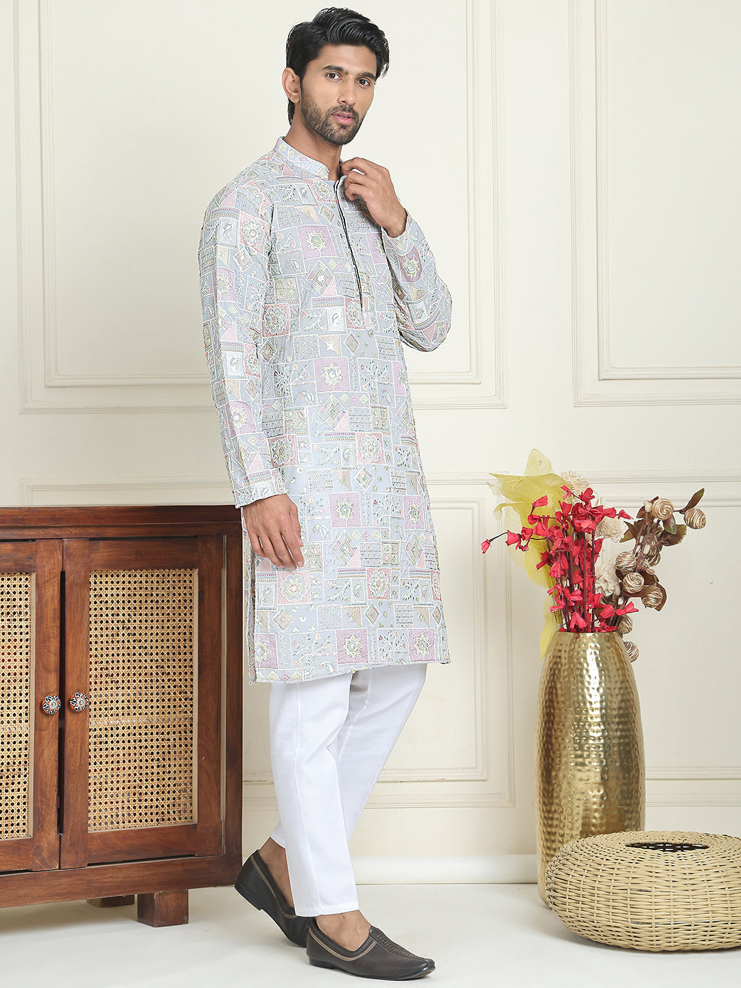 DesiQlo Men Embroidered Kurta Pyjama Set - Blue - JOKP_P_5202Blue_S