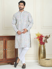 Embroidered Straight Kurta Pyjama For Men ( JOKP P 5202 Blue ) [FF] [J-4]