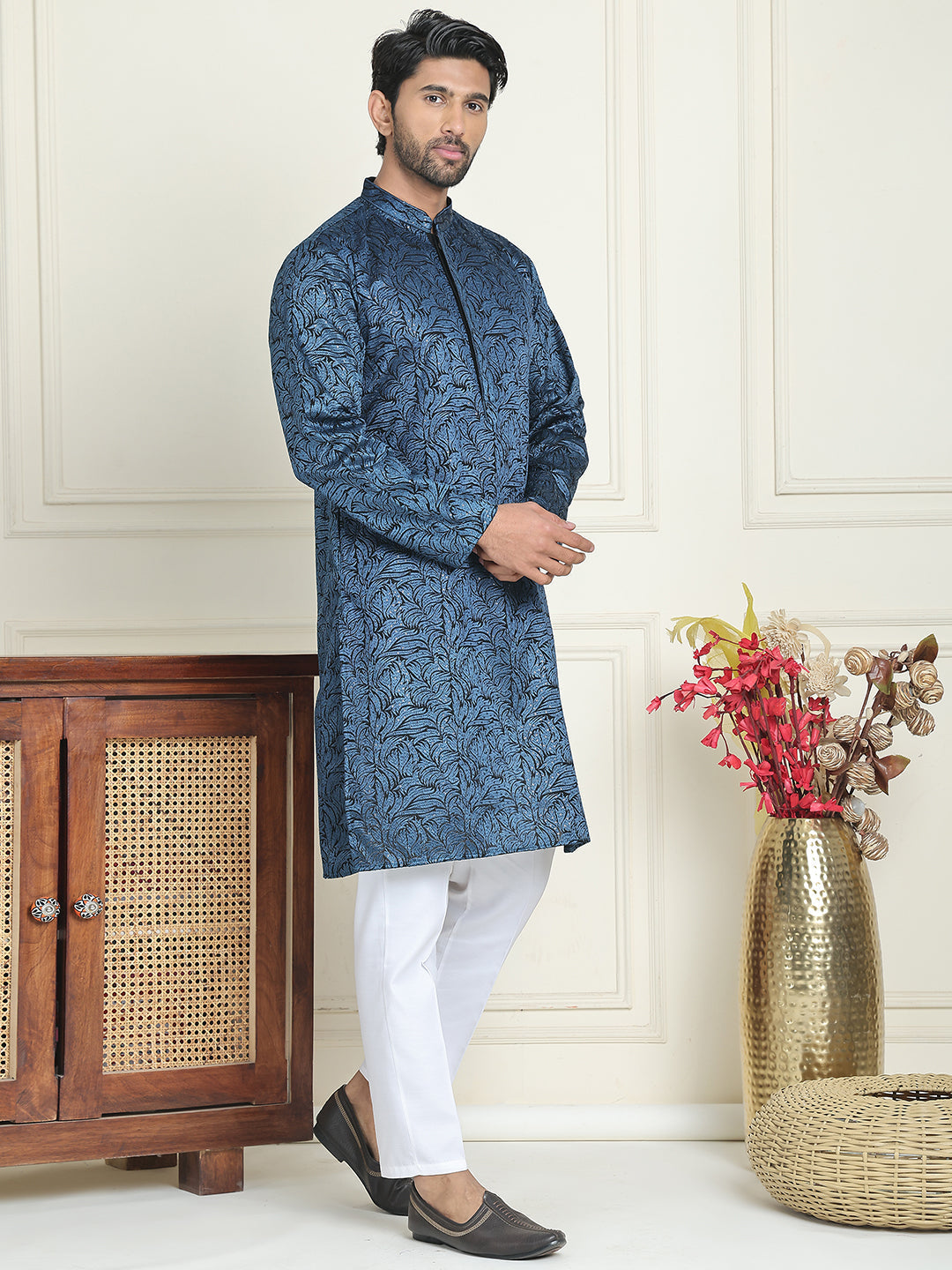DesiQlo Men Embroidered Kurta Pyjama Set - Multicolor - JOKP_P_5205Pea