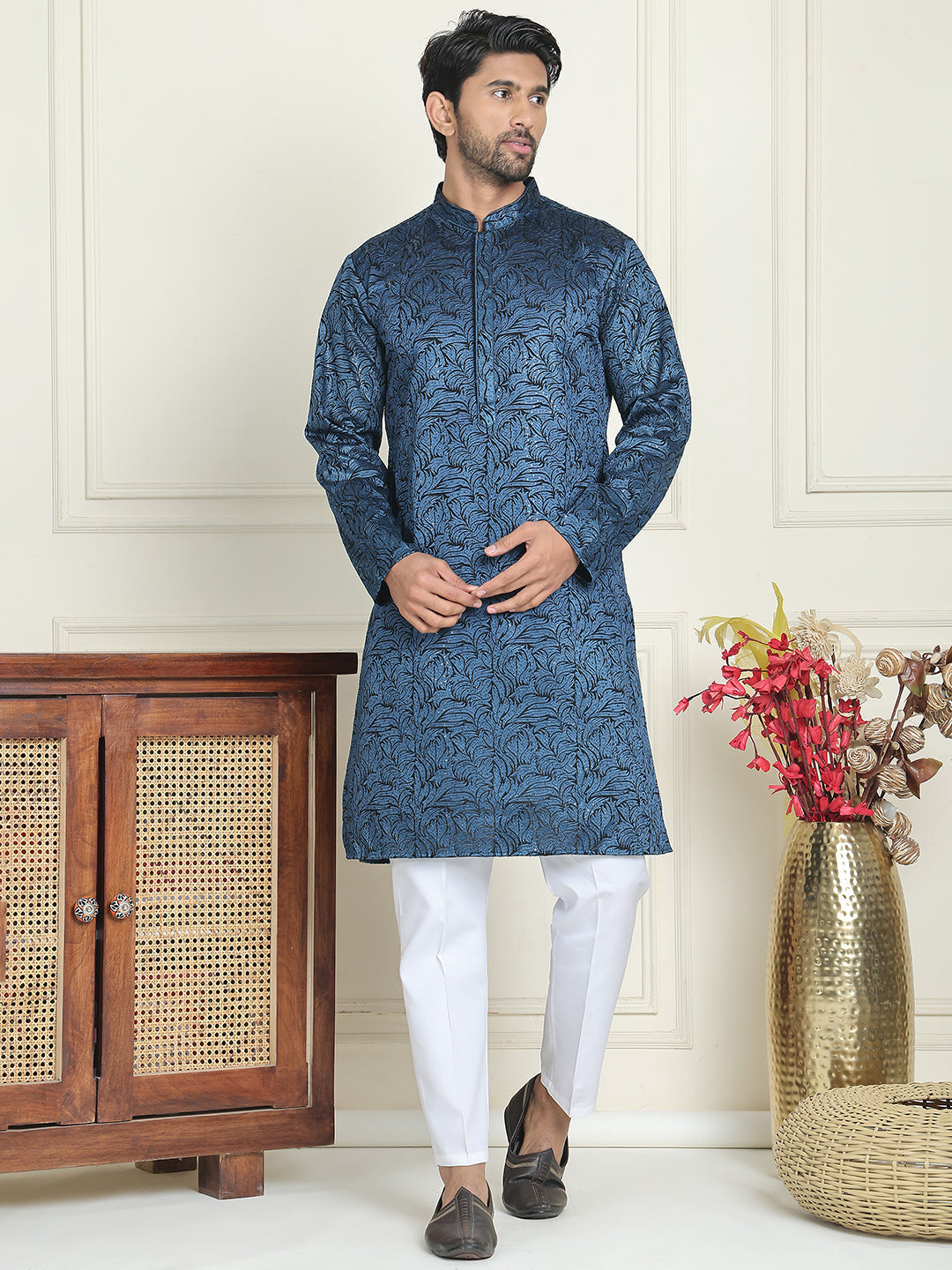 DesiQlo Men Embroidered Kurta Pyjama Set - Multicolor - JOKP_P_5205Pea