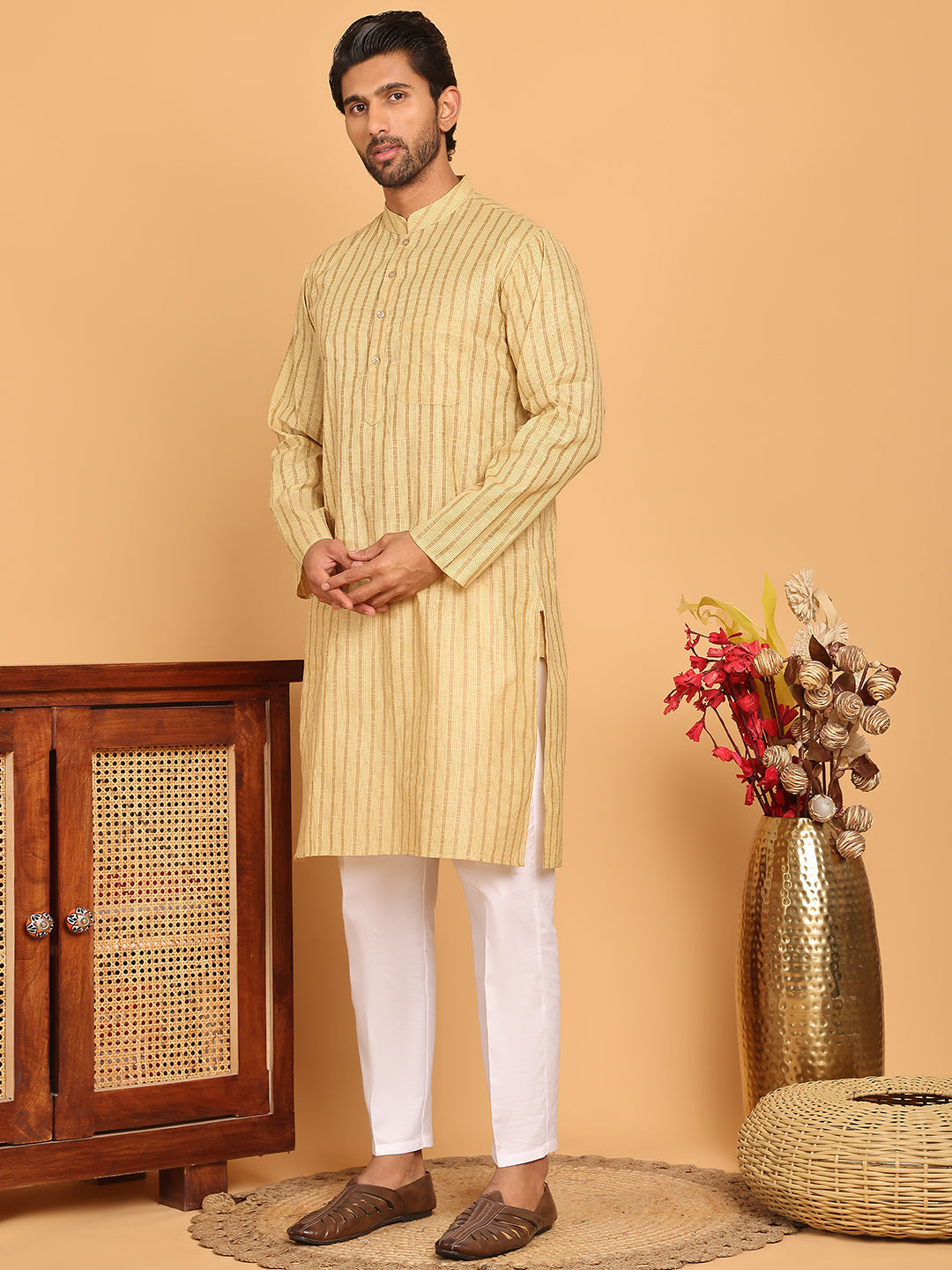 DesiQlo Men Striped Kurta Pyjama Set - Beige - JOKP_P_5207Beige_S