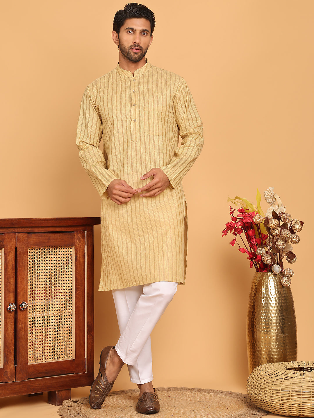DesiQlo Men Striped Kurta Pyjama Set - Beige - JOKP_P_5207Beige_S