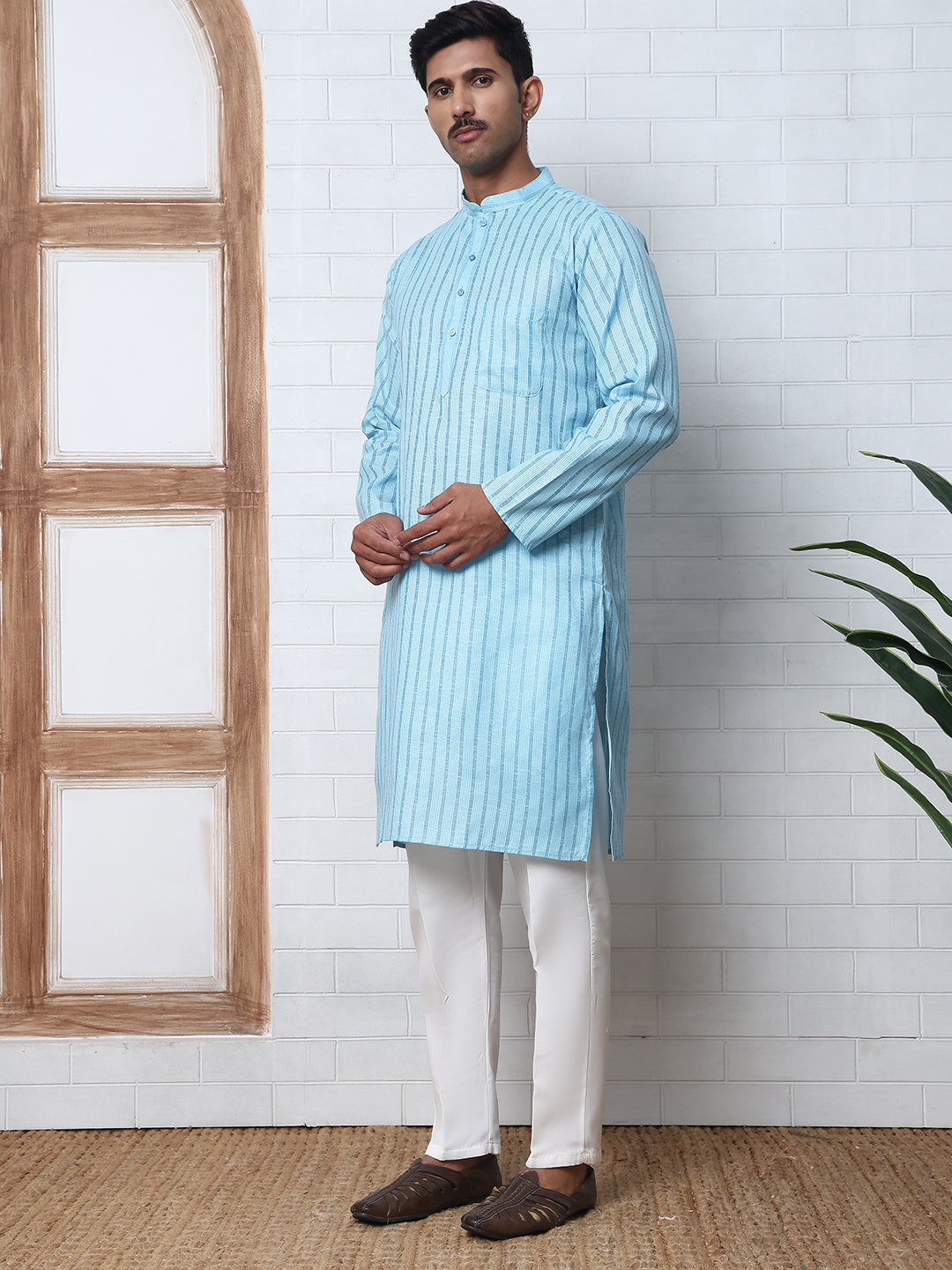 DesiQlo Men Striped Kurta Pyjama Set - Blue - JOKP_P_5207Sky_S