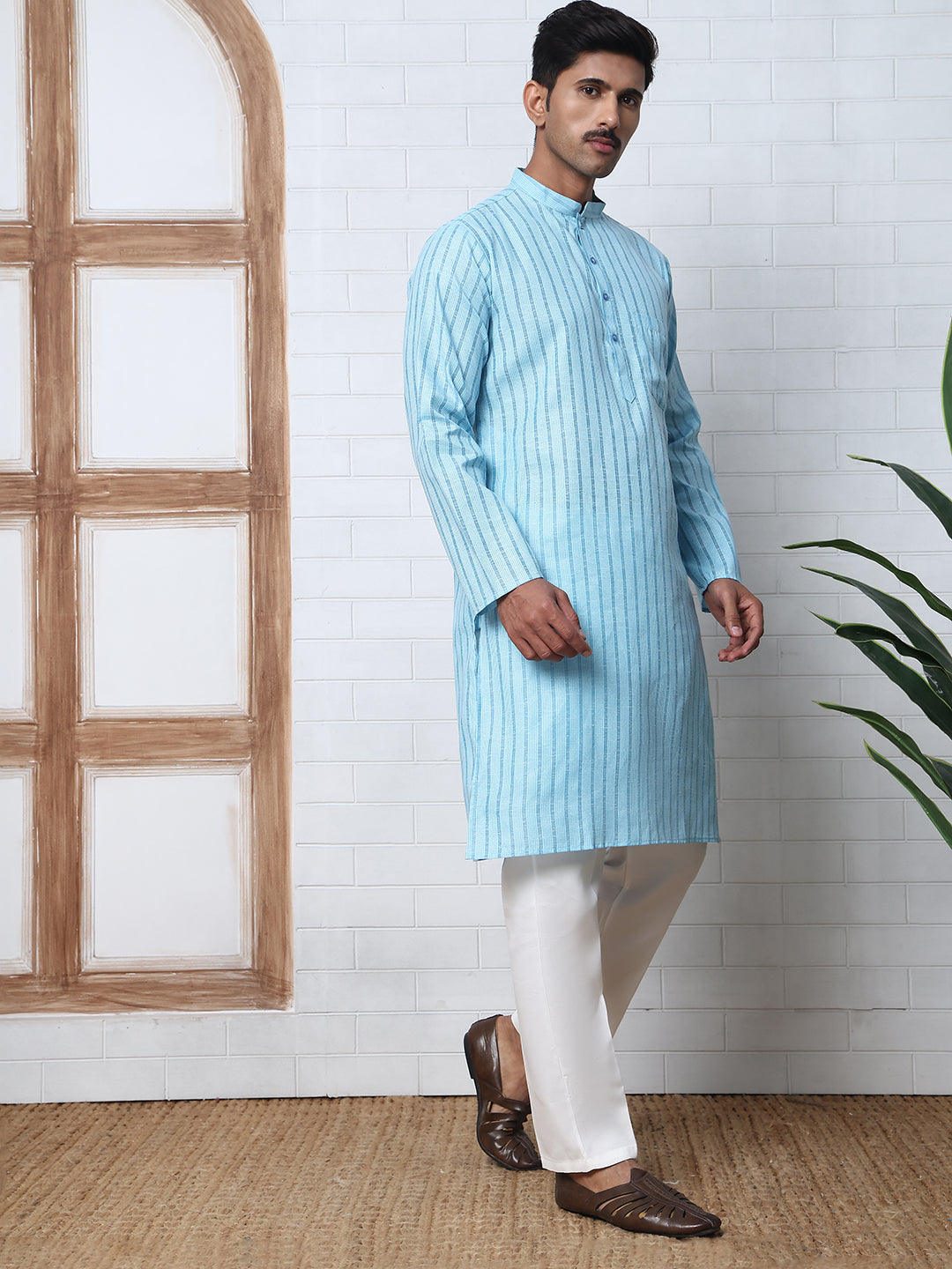 DesiQlo Men Striped Kurta Pyjama Set - Blue - JOKP_P_5207Sky_S