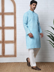 Men's Cotton Striped Kurta Pyjama Set ( JOKP P 5207 P 5207Sky ) [FF] [R-2-3]