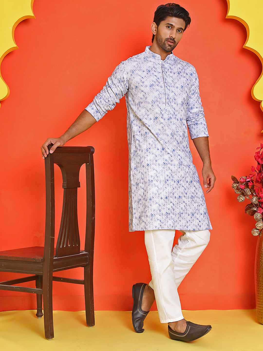 DesiQlo Men Embroidered Kurta Pyjama Set - Blue - JOKP_P_5208Blue_S