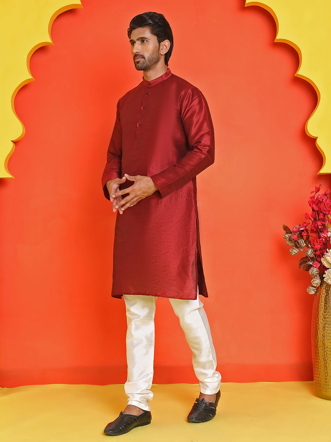 DesiQlo Men Solid Kurta Pyjama Set - Maroon - JOKP_P_5209Maroon_S