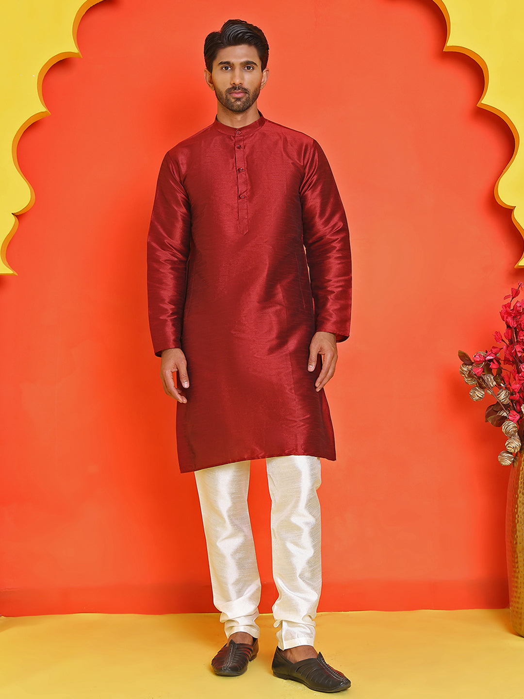 DesiQlo Men Solid Kurta Pyjama Set - Maroon - JOKP_P_5209Maroon_S