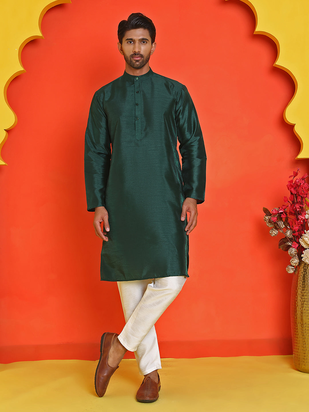 DesiQlo Men Solid Kurta Pyjama Set - Green - JOKP_P_5209Olive_S
