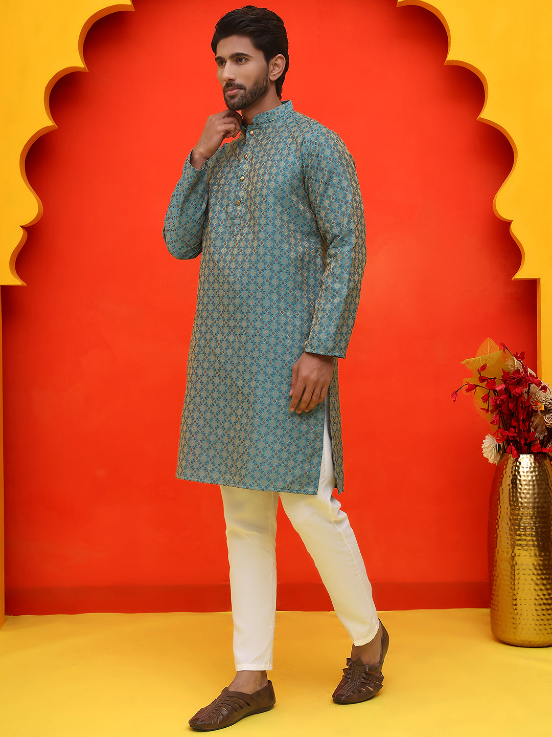 DesiQlo Men Self Design Kurta Pyjama Set - Blue - JOKP_P_5211Blue_S